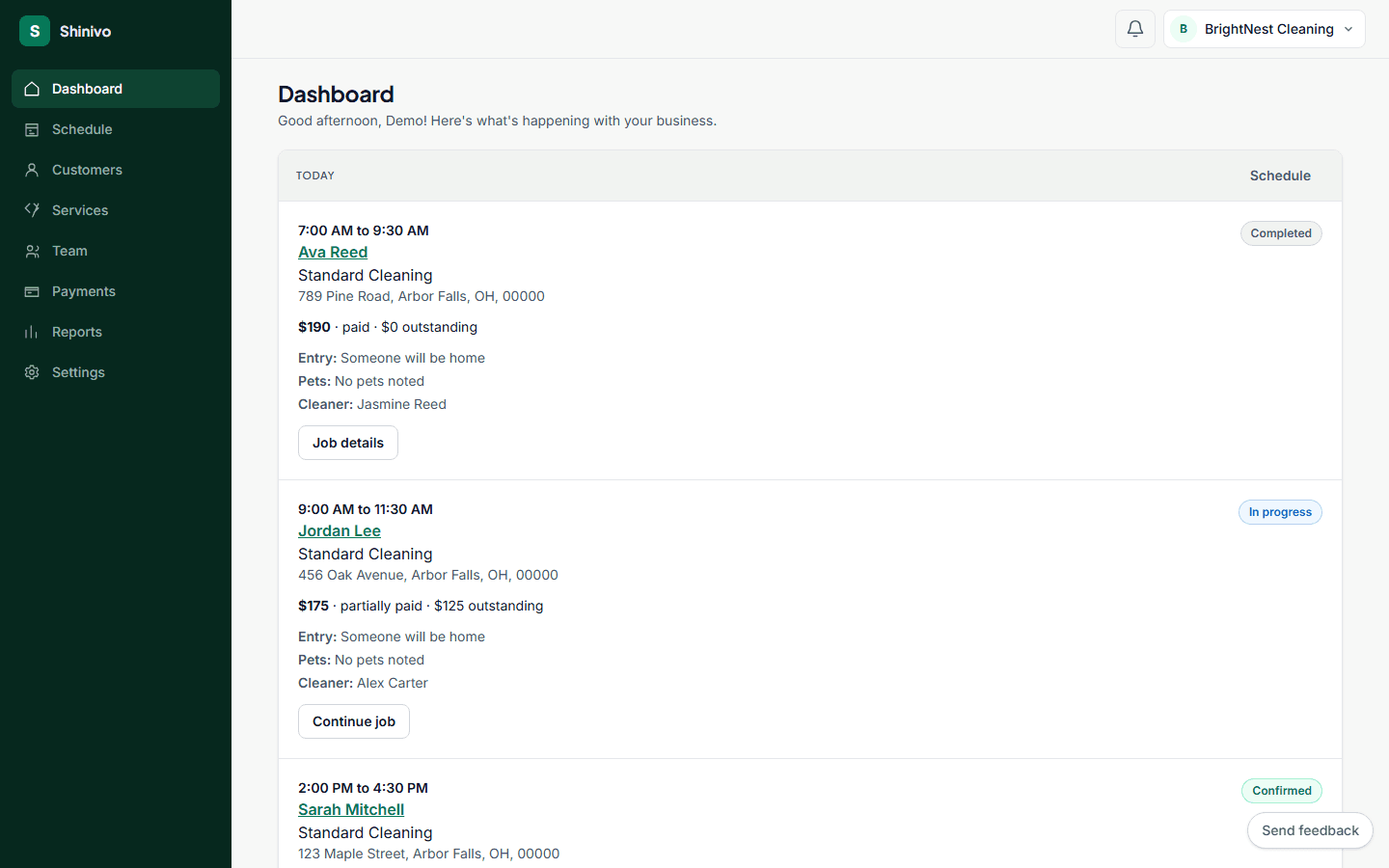The real Shinivo owner dashboard filled with fictional BrightNest Cleaning demo information