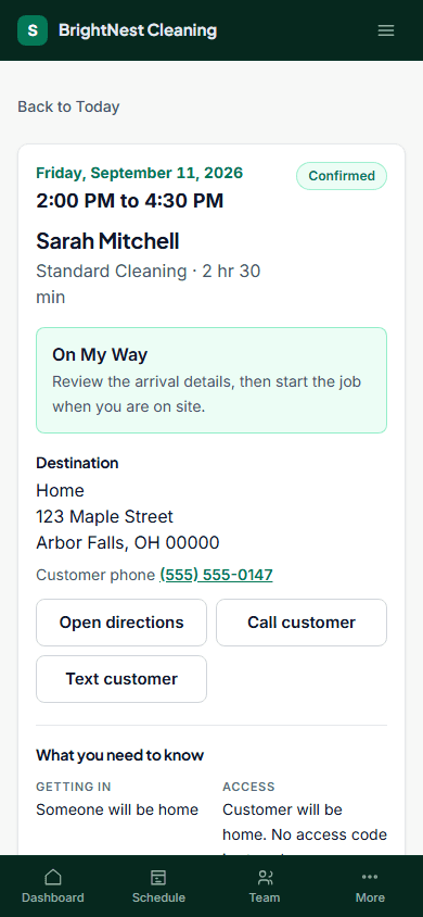 The real Shinivo cleaner job screen filled with fictional BrightNest Cleaning demo information